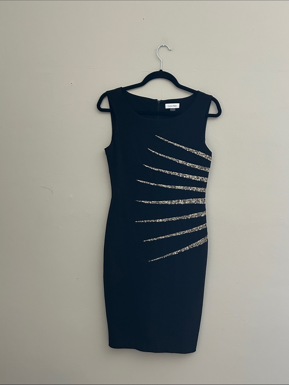 Calvin Klein Black Midi Sheath Dress with Silver Sparkle Accents
